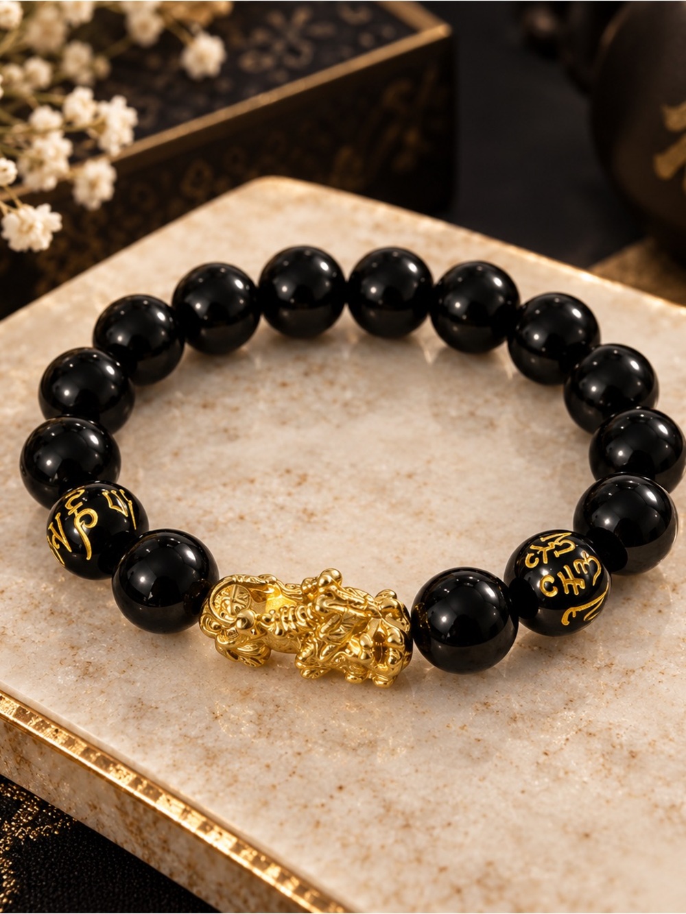 Black Onyx Bead Bracelet with Gold Pixiu Charm - Men's Accessory